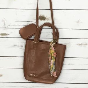 Steve Madden crossbody mini tote purse brown earbud case keychain